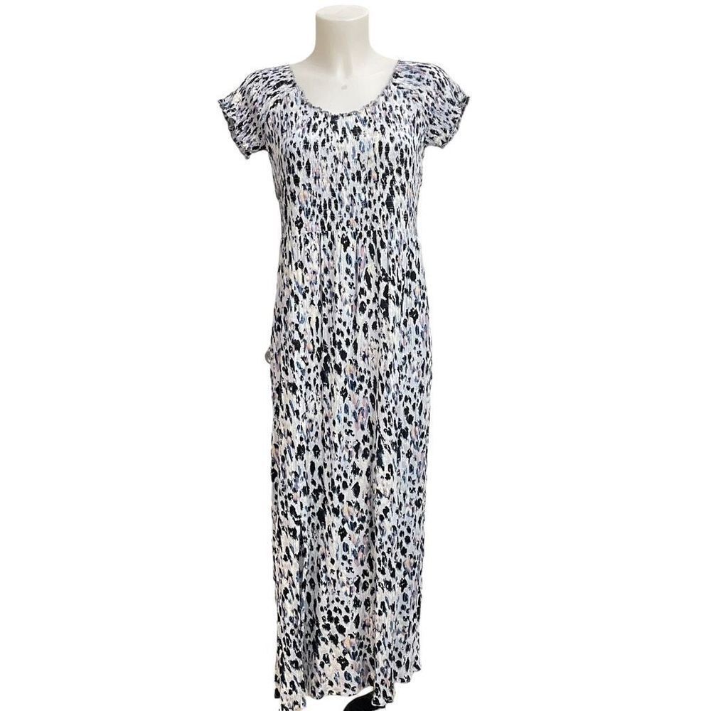 Soft Surroundings Womens Marcelo Crepe Animal Print Maxi Dress‎ Slits Smocked M